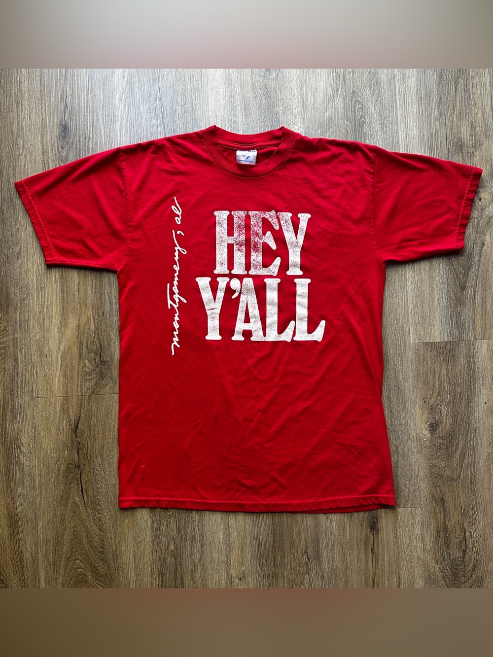 Vtg 90s Jerzees Hey Yall Bye Yall T Shirt Mens Large Red Montgomery AL Souvenir